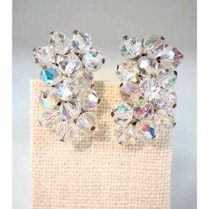 Aurora Borealis 1950s Earrings Clip On Vintage Silver Tone Crescent‎ Shape